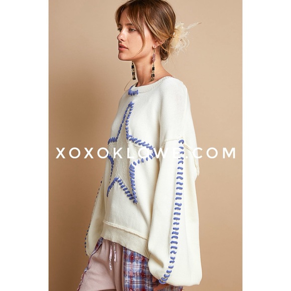 POL Cream with Blue Star Contrast Stitched Relaxed Fit  Sweater - Picture 6 of 13